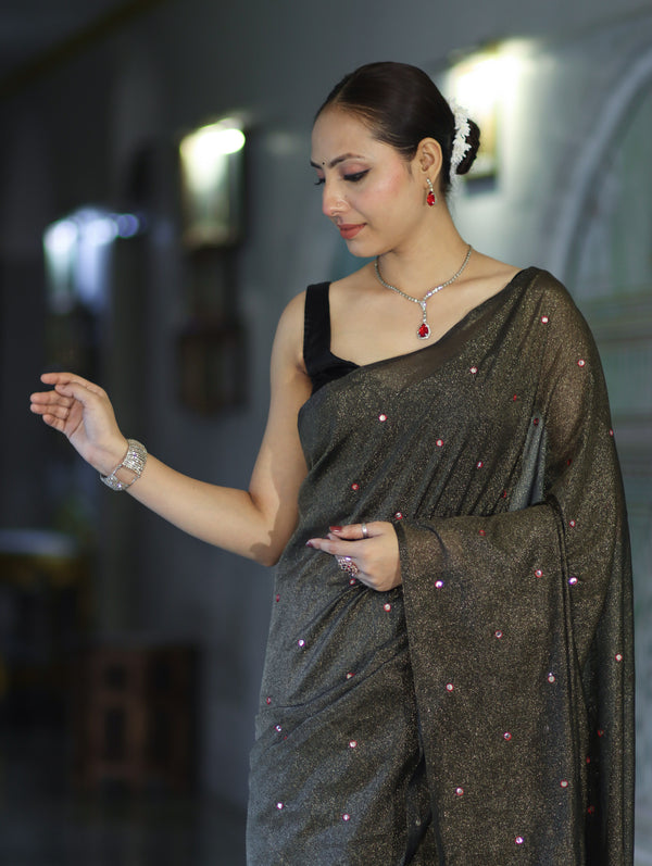 Banarasee Handwoven Semi Silk Shine Saree With Mirror Work-Black (Gold Tone)