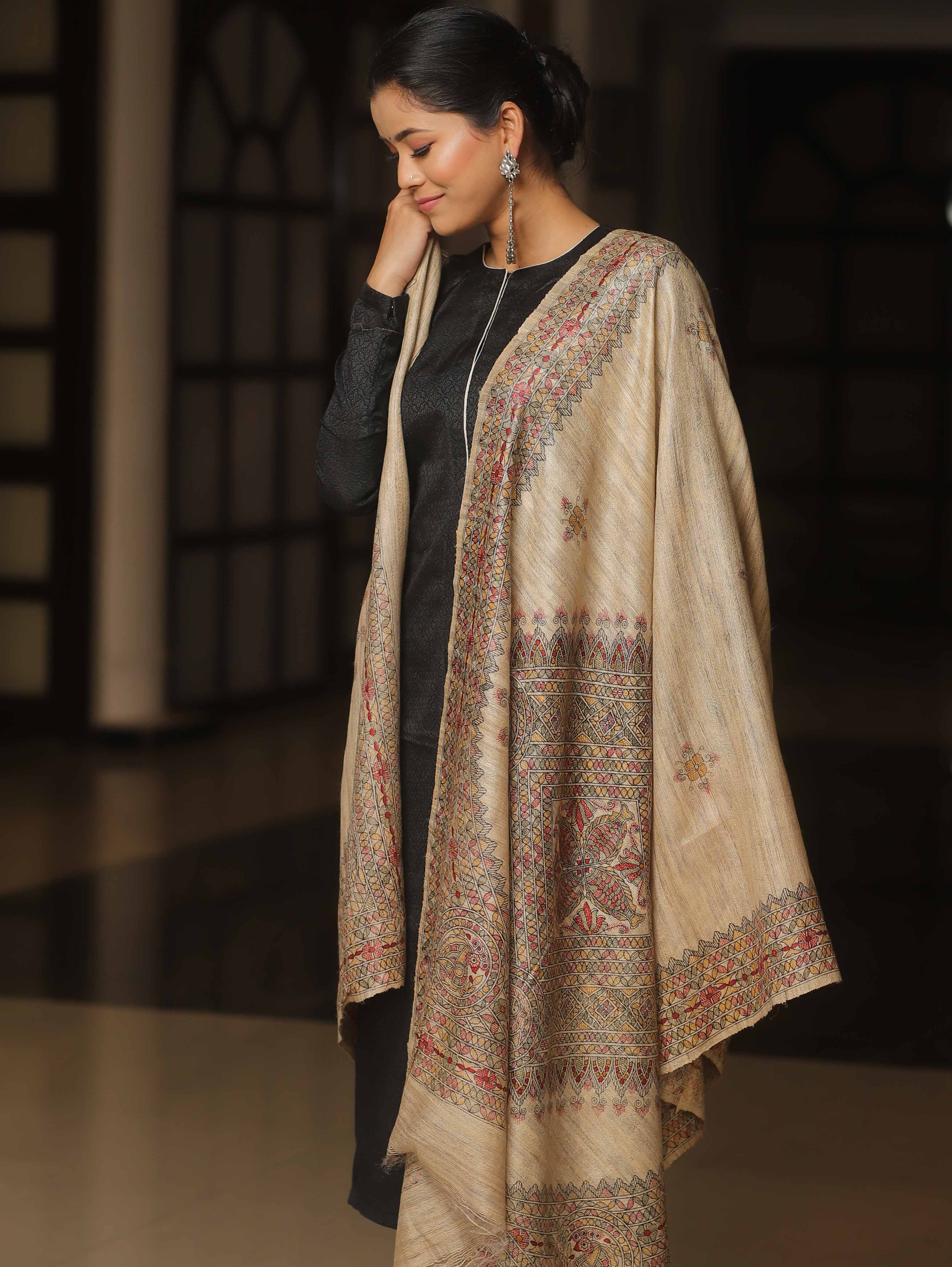 Banarasee Pure Desi Tussar Silk Block Print Dupatta-Beige