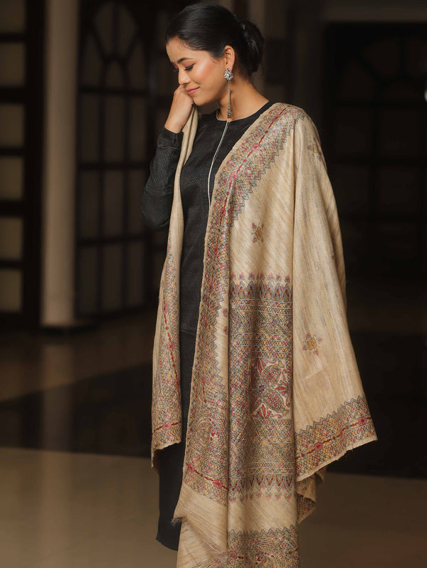 Banarasee Pure Desi Tussar Silk Block Print Dupatta-Beige