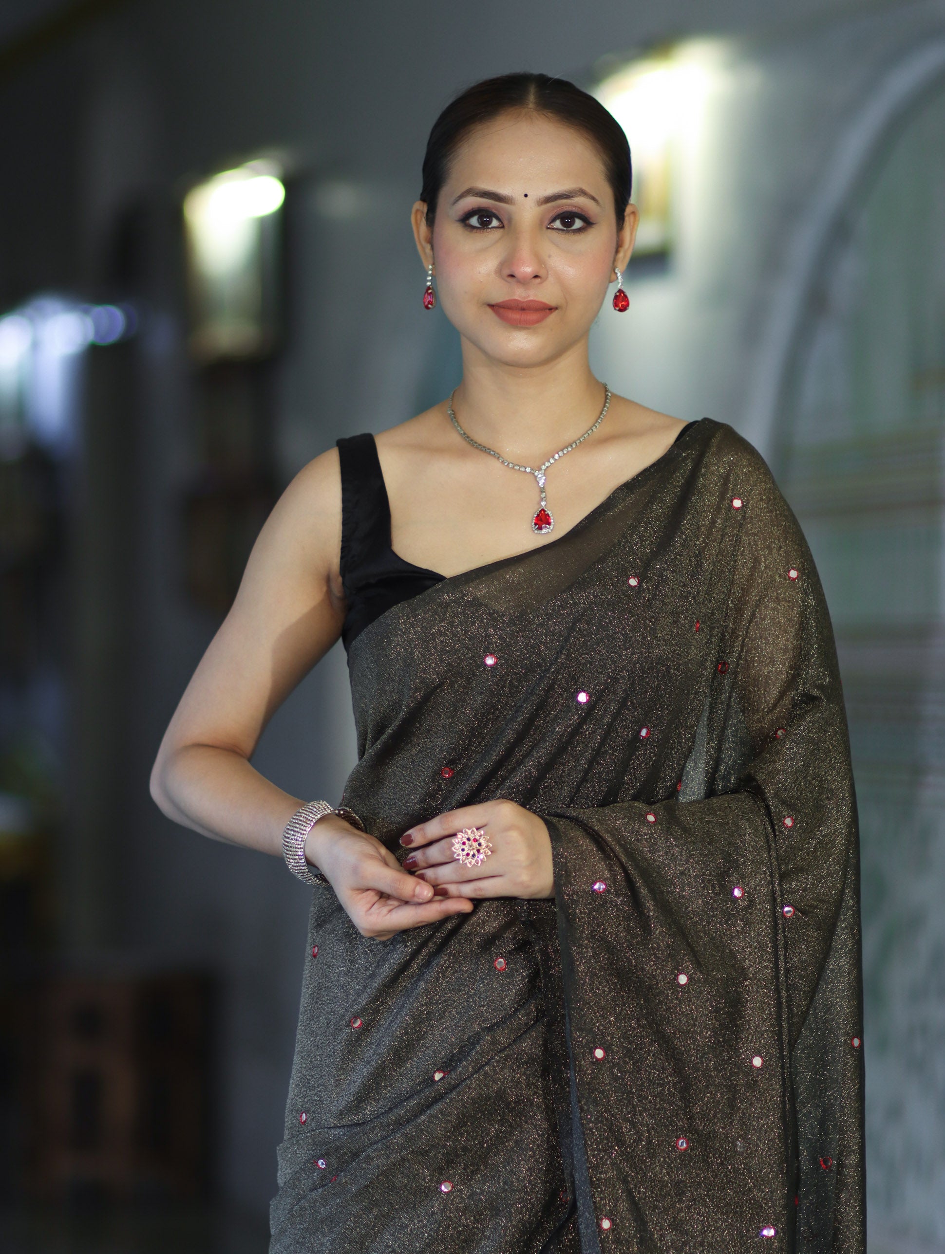 Banarasee Handwoven Semi Silk Shine Saree With Mirror Work-Black (Gold Tone)