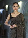 Banarasee Handwoven Semi Silk Shine Saree With Mirror Work-Black (Gold Tone)