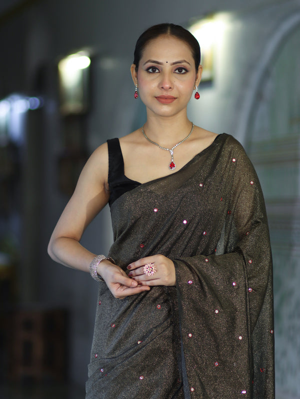 Banarasee Handwoven Semi Silk Shine Saree With Mirror Work-Black (Gold Tone)