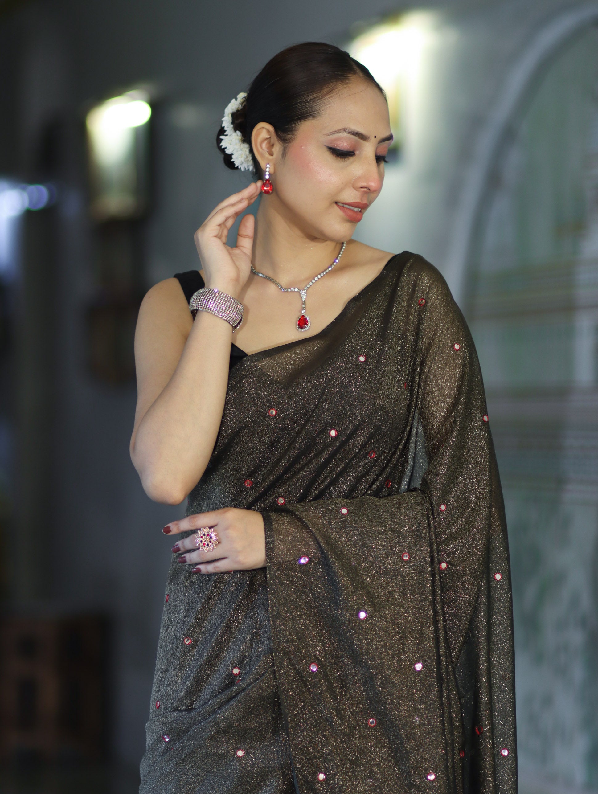 Banarasee Handwoven Semi Silk Shine Saree With Mirror Work-Black (Gold Tone)