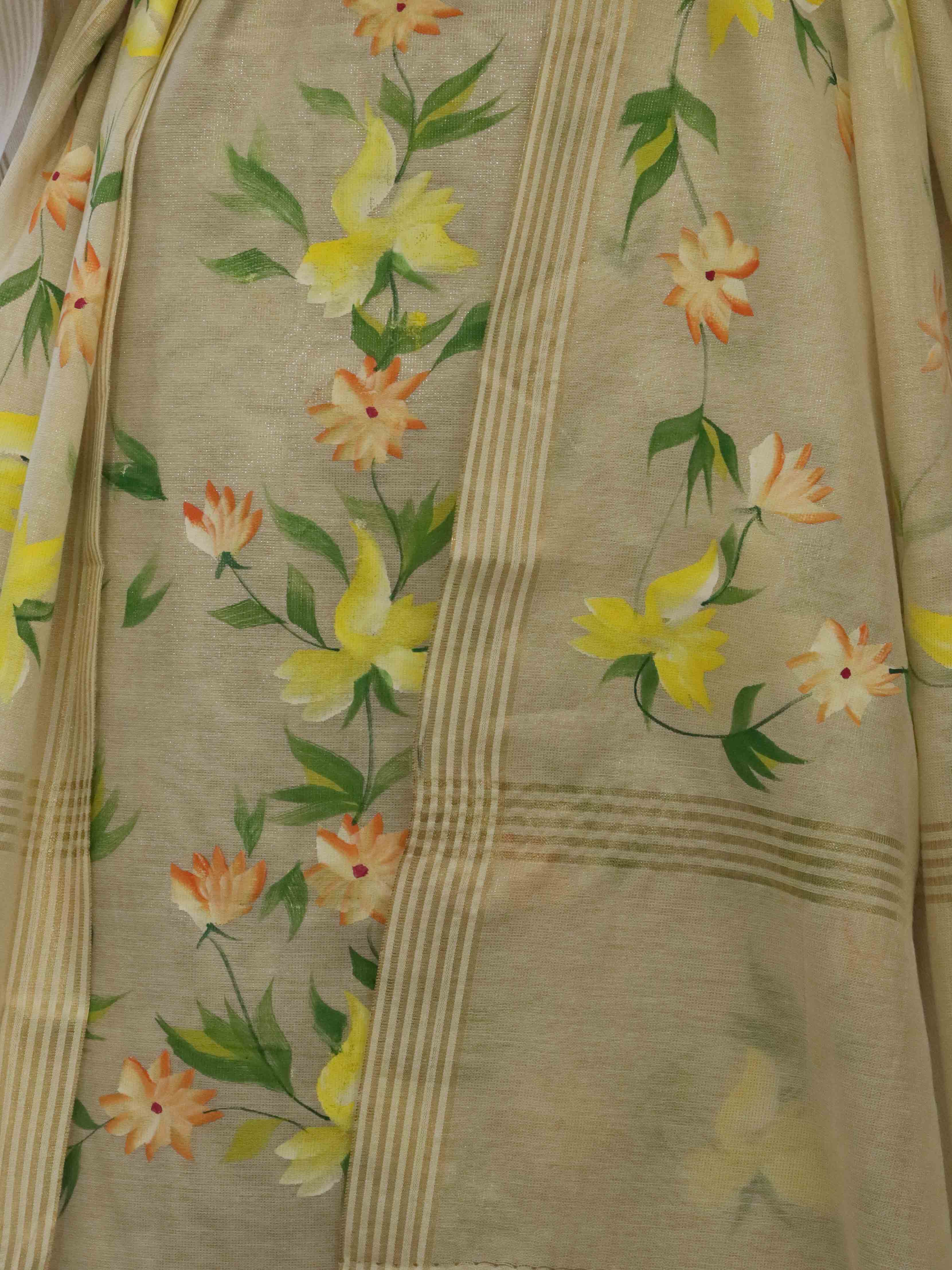 Banarasee Tissue Hand-Painted Salwar Kameez Fabric With Dupatta Set-Beige