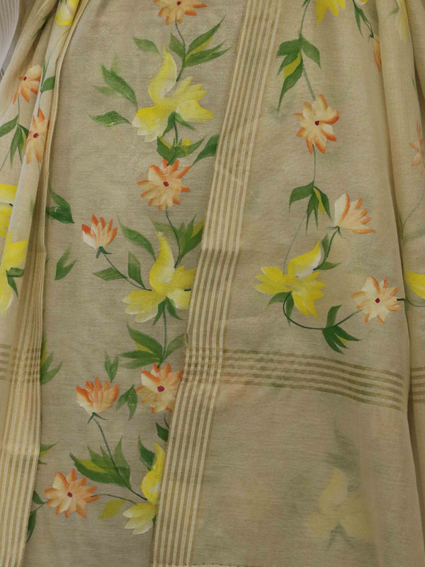 Banarasee Tissue Hand-Painted Salwar Kameez Fabric With Dupatta Set-Beige