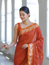 Banarasee Handloom Semi Silk Saree With Sona Rupa Zari Buti Design & Floral Border-Rust