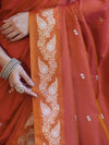 Banarasee Handloom Semi Silk Saree With Sona Rupa Zari Buti Design & Floral Border-Rust