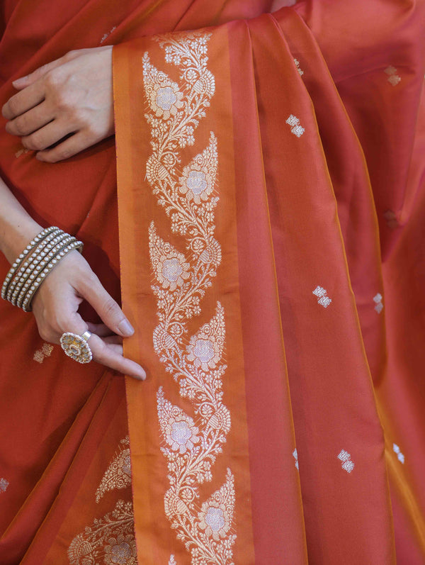 Banarasee Handloom Semi Silk Saree With Sona Rupa Zari Buti Design & Floral Border-Rust