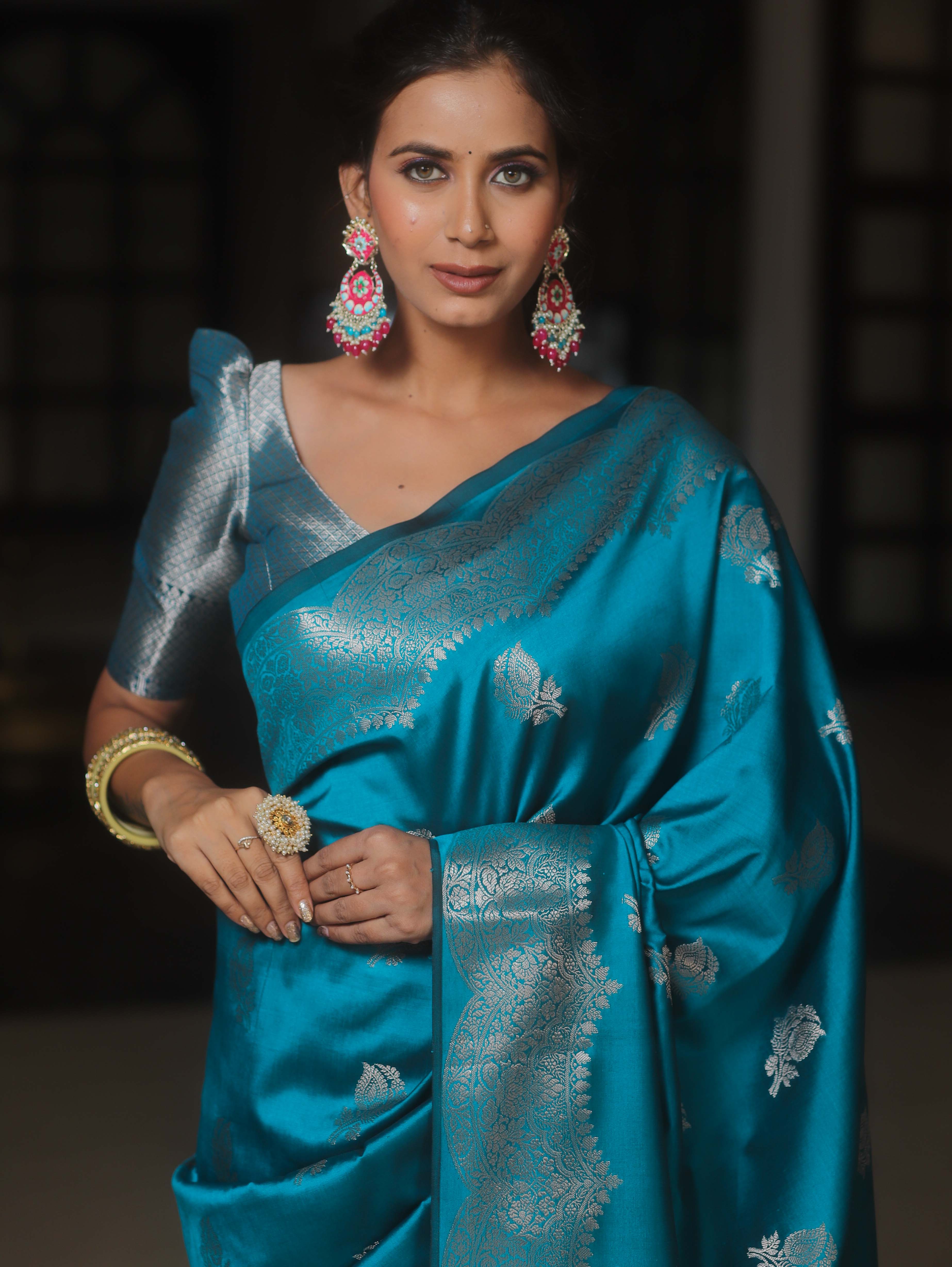 Banarasee Handwoven Semi Silk Saree With Zari Buti Design-Cobalt Blue