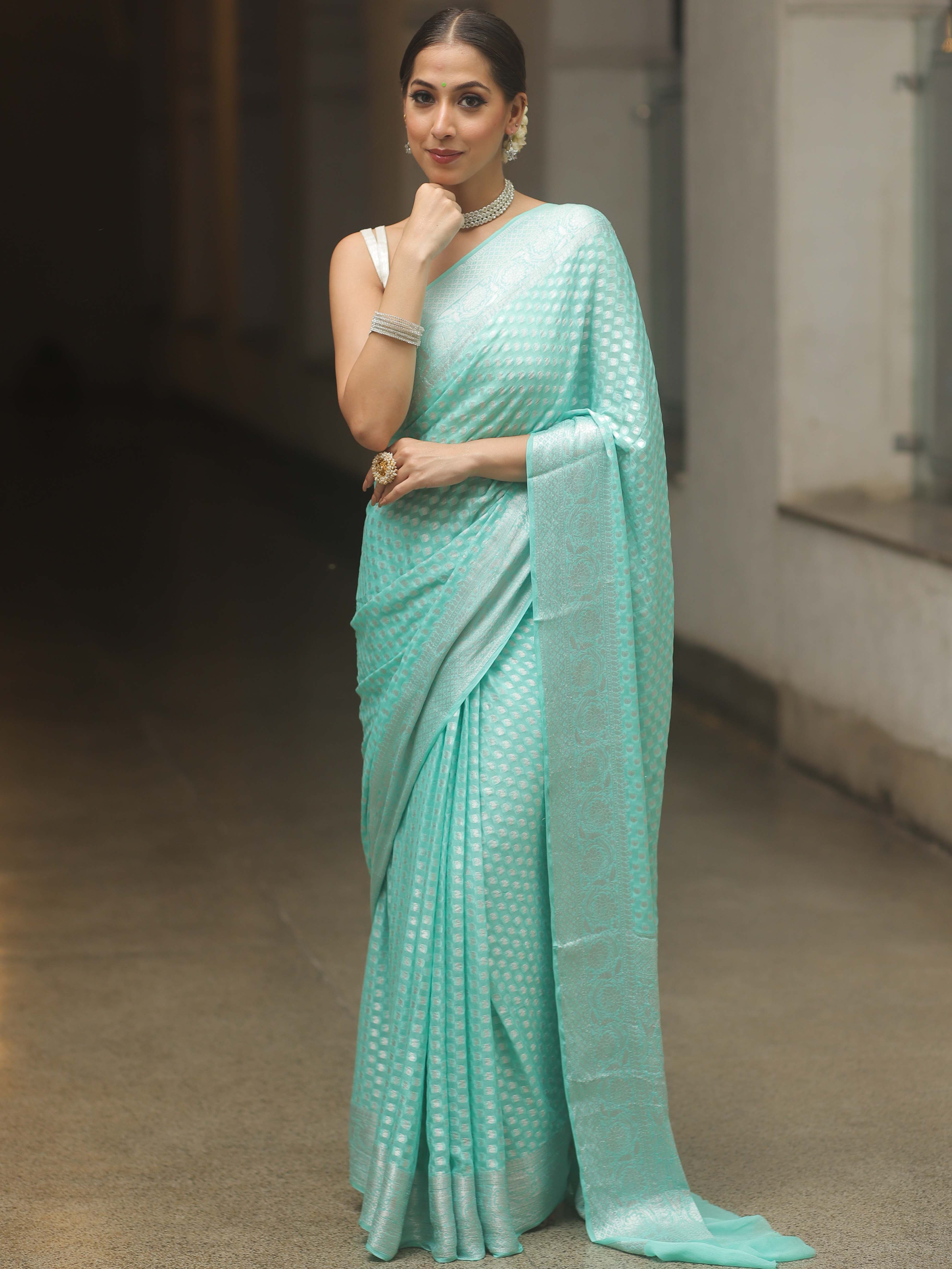 Banarasee Chiffon Floral Silver Zari Buti & Border Saree-Sea Green