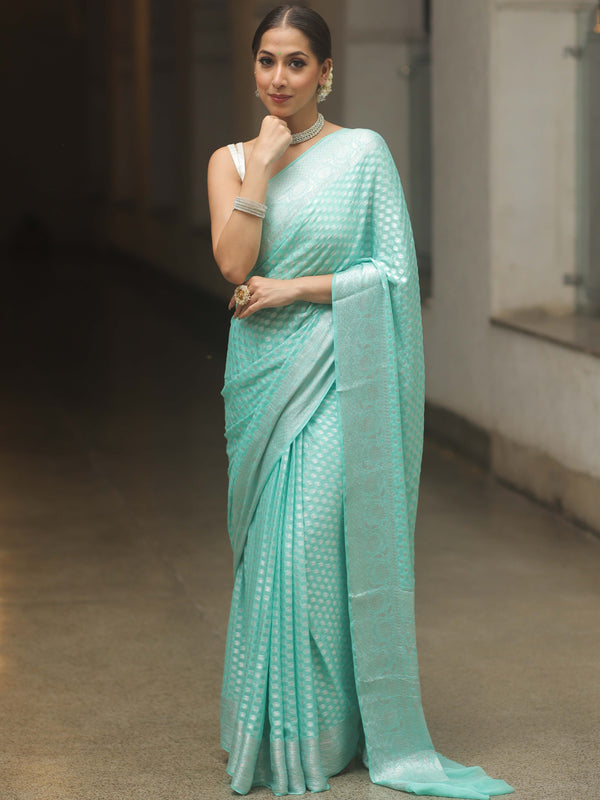 Banarasee Chiffon Floral Silver Zari Buti & Border Saree-Sea Green