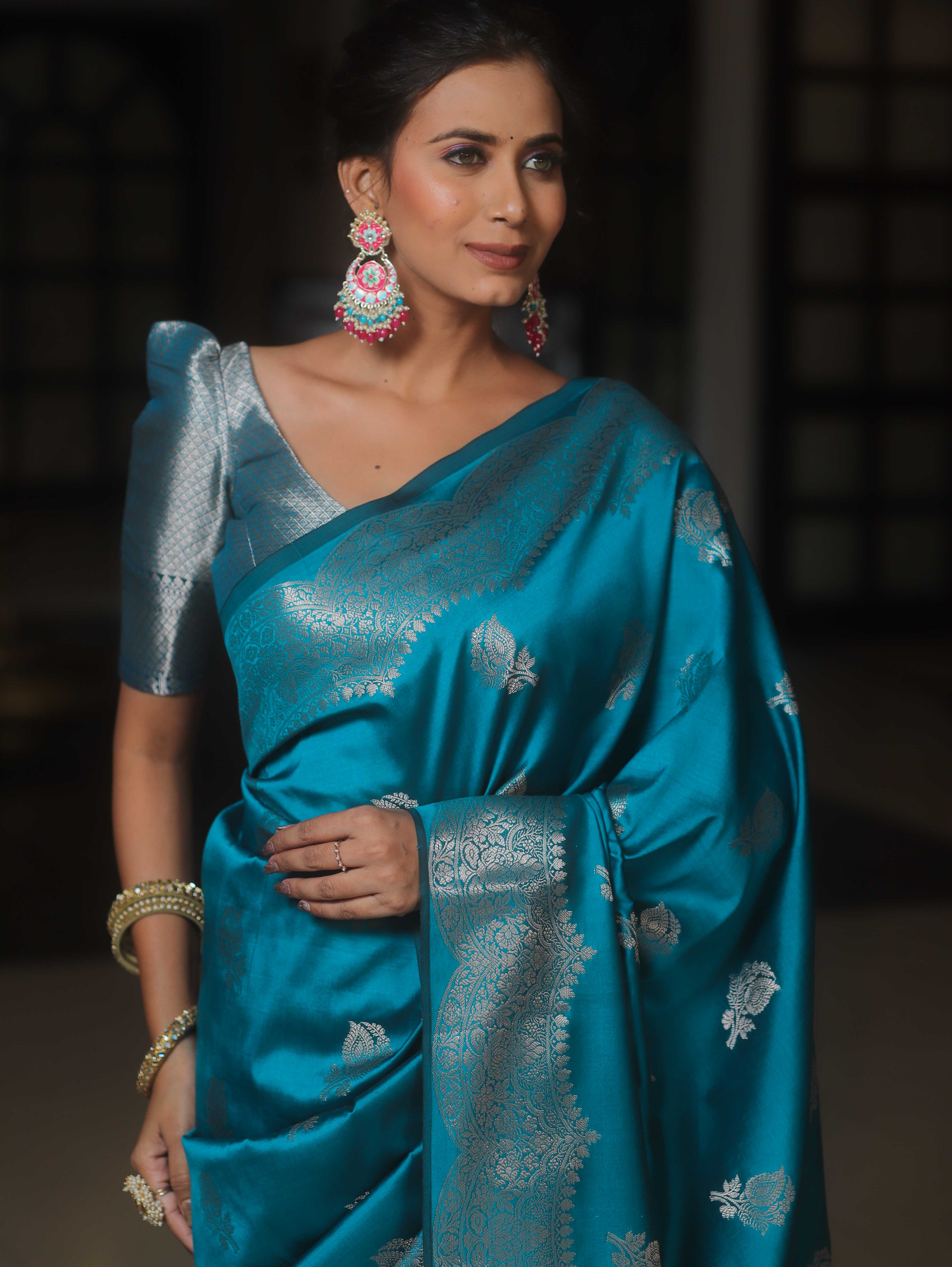 Banarasee Handwoven Semi Silk Saree With Zari Buti Design-Cobalt Blue
