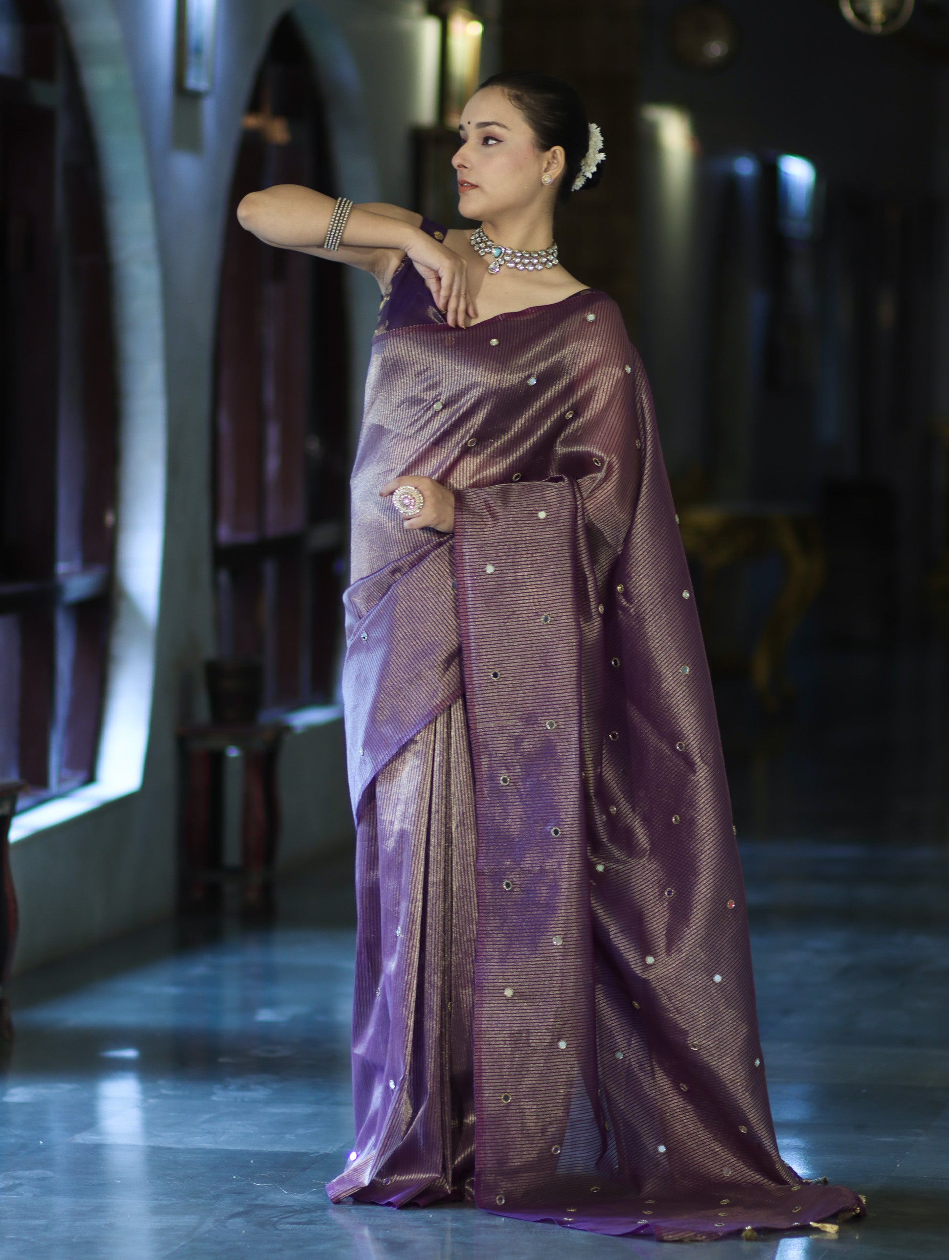 Banarasee Soft Tissue Saree With Hand Embroidered Mirror Work & Zari Stripes Design-Violet
