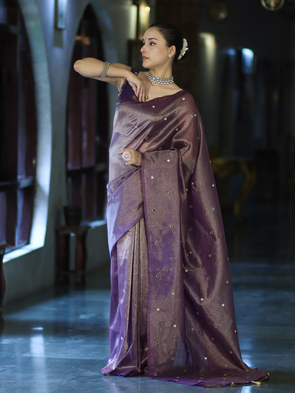 Banarasee Soft Tissue Saree With Hand Embroidered Mirror Work & Zari Stripes Design-Violet