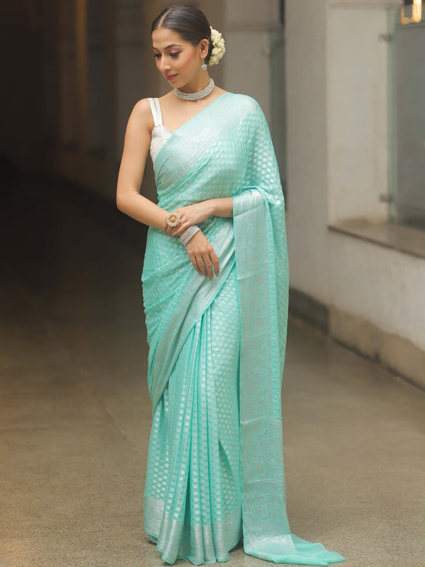 Banarasee Chiffon Floral Silver Zari Buti & Border Saree-Sea Green