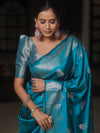 Banarasee Handwoven Semi Silk Saree With Zari Buti Design-Cobalt Blue