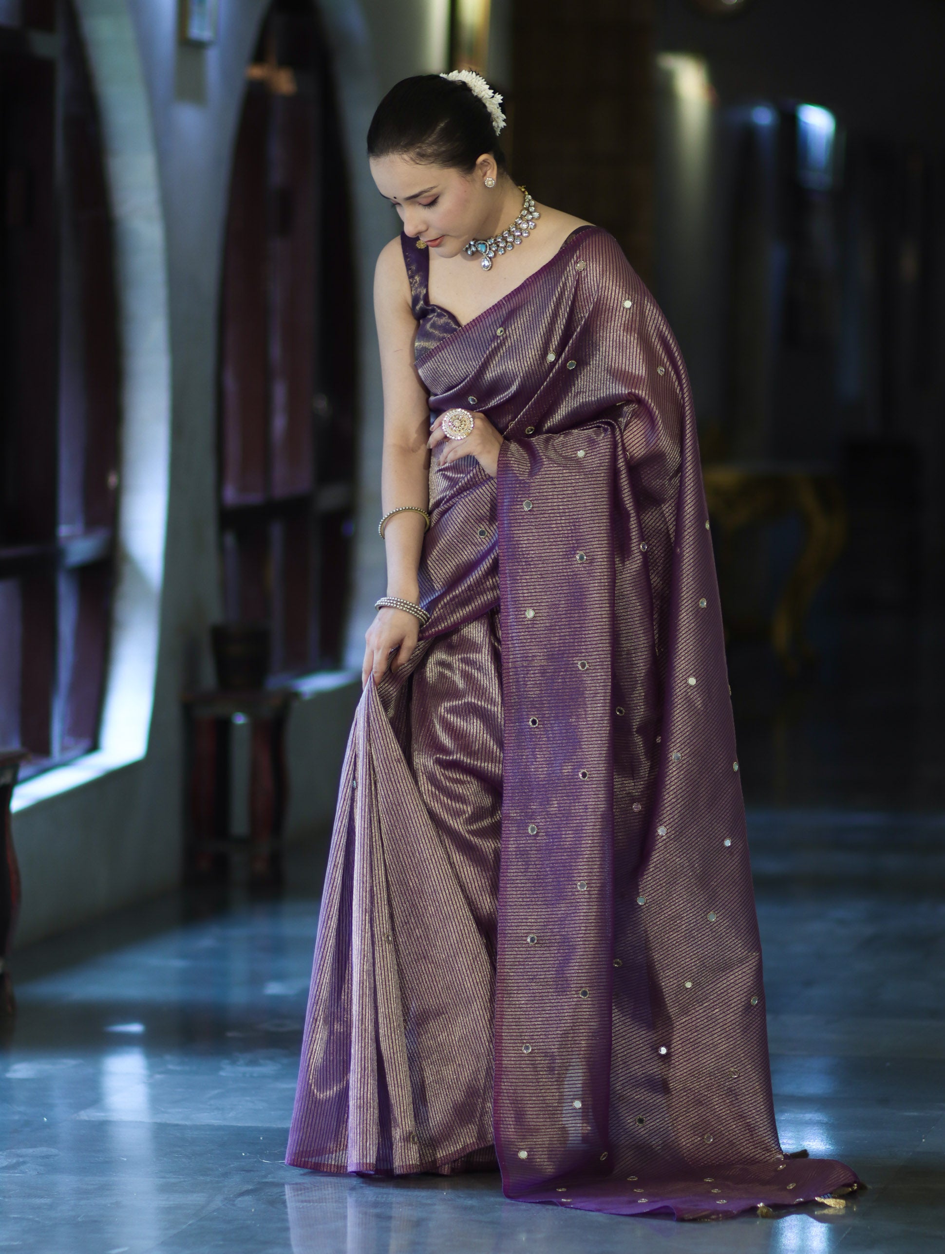 Banarasee Soft Tissue Saree With Hand Embroidered Mirror Work & Zari Stripes Design-Violet