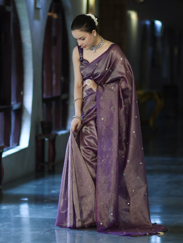 Banarasee Soft Tissue Saree With Hand Embroidered Mirror Work & Zari Stripes Design-Violet
