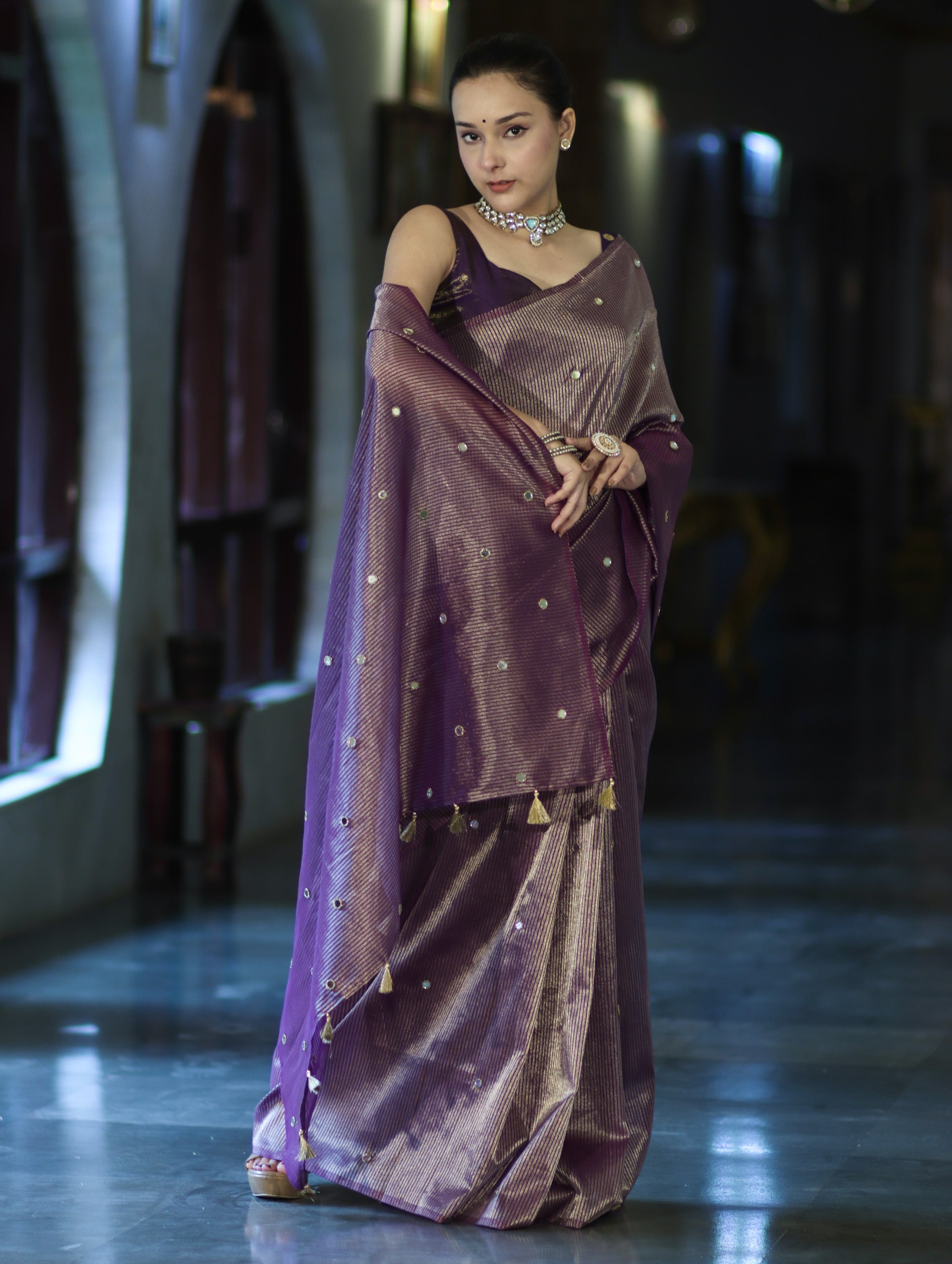 Banarasee Soft Tissue Saree With Hand Embroidered Mirror Work & Zari Stripes Design-Violet