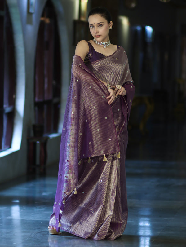 Banarasee Soft Tissue Saree With Hand Embroidered Mirror Work & Zari Stripes Design-Violet