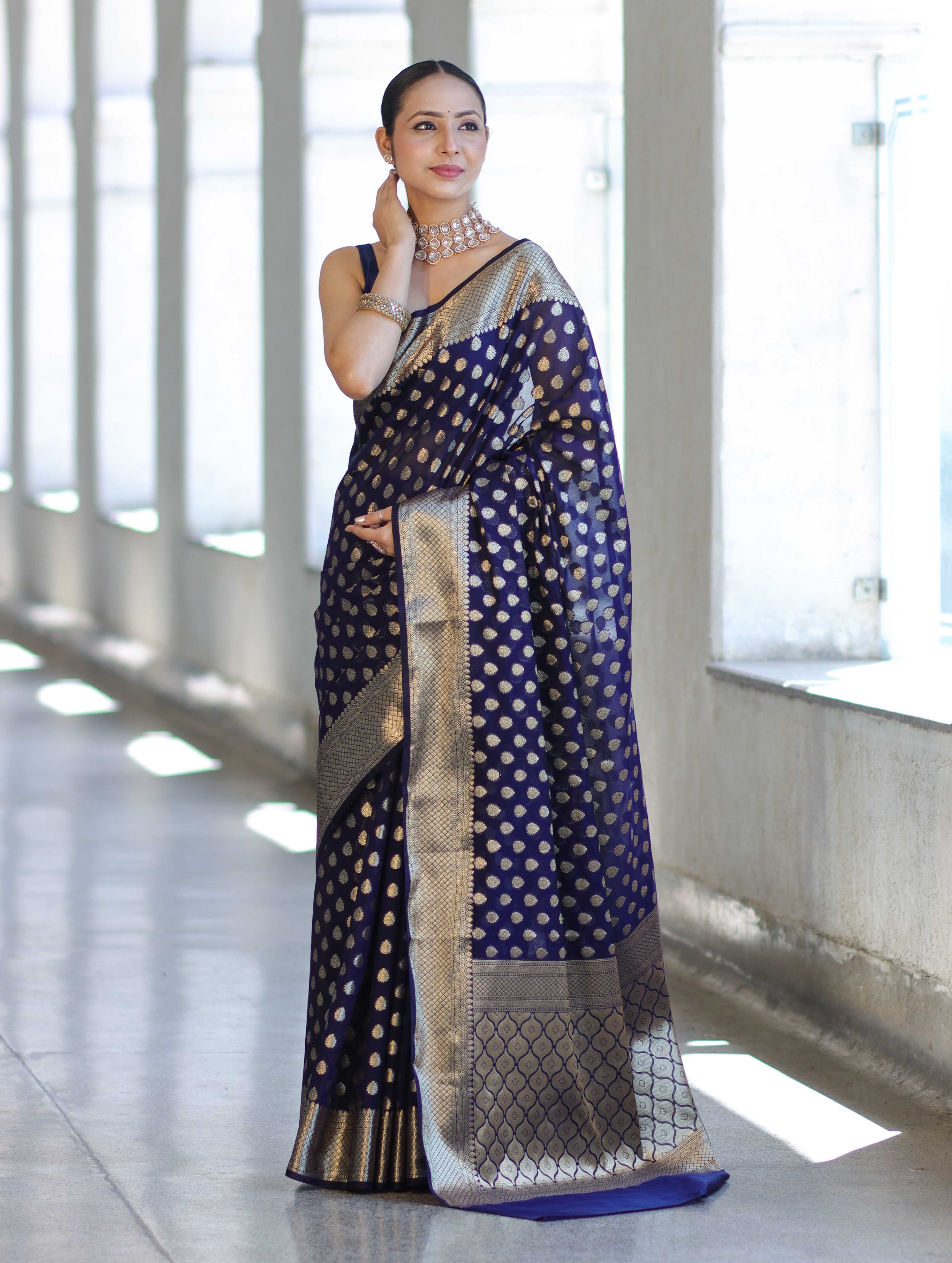 Banarasee Handwoven Georgette Saree With Zari Buta Design & Border-Deep Blue