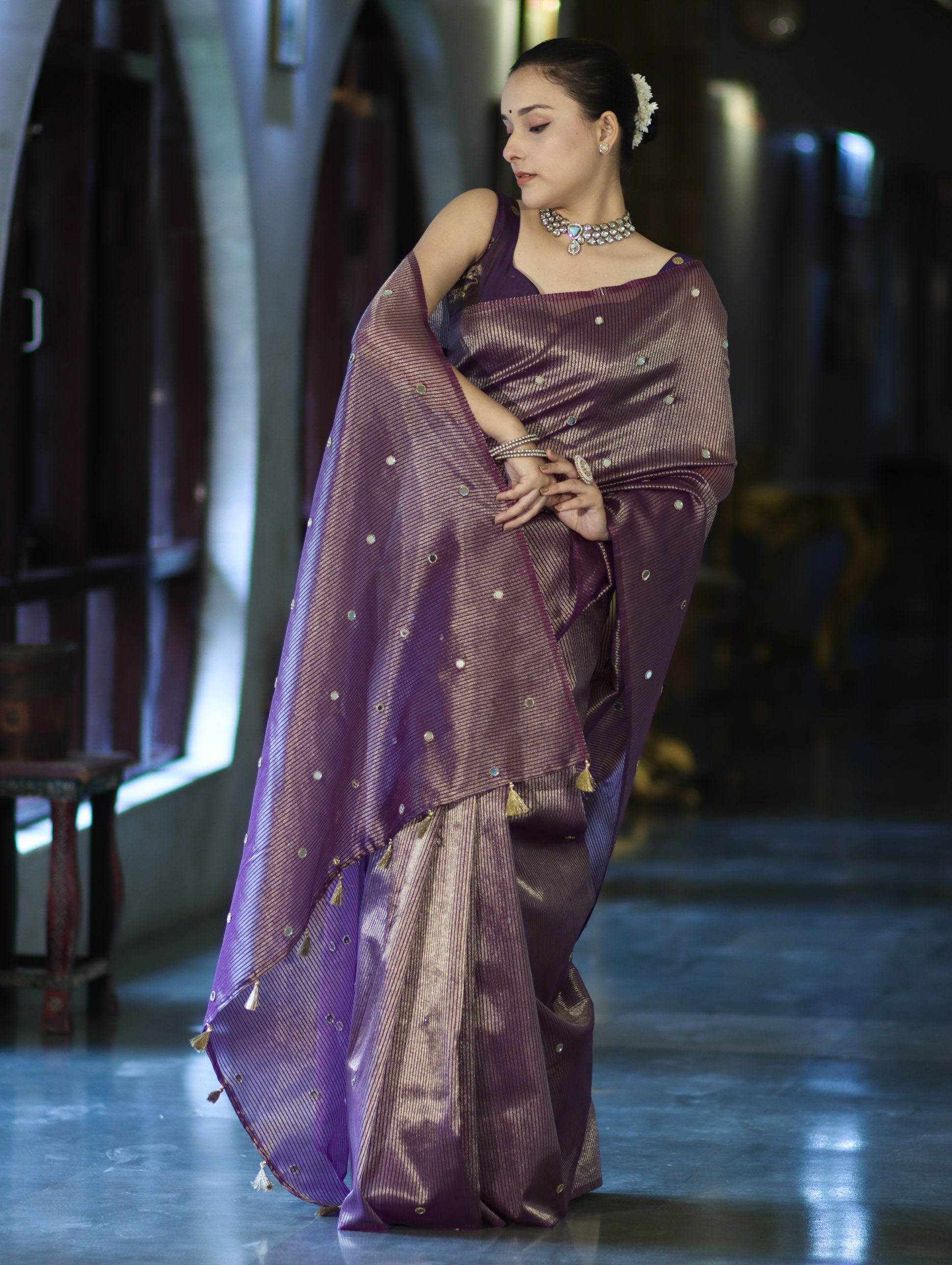 Banarasee Soft Tissue Saree With Hand Embroidered Mirror Work & Zari Stripes Design-Violet