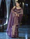 Banarasee Soft Tissue Saree With Hand Embroidered Mirror Work & Zari Stripes Design-Violet