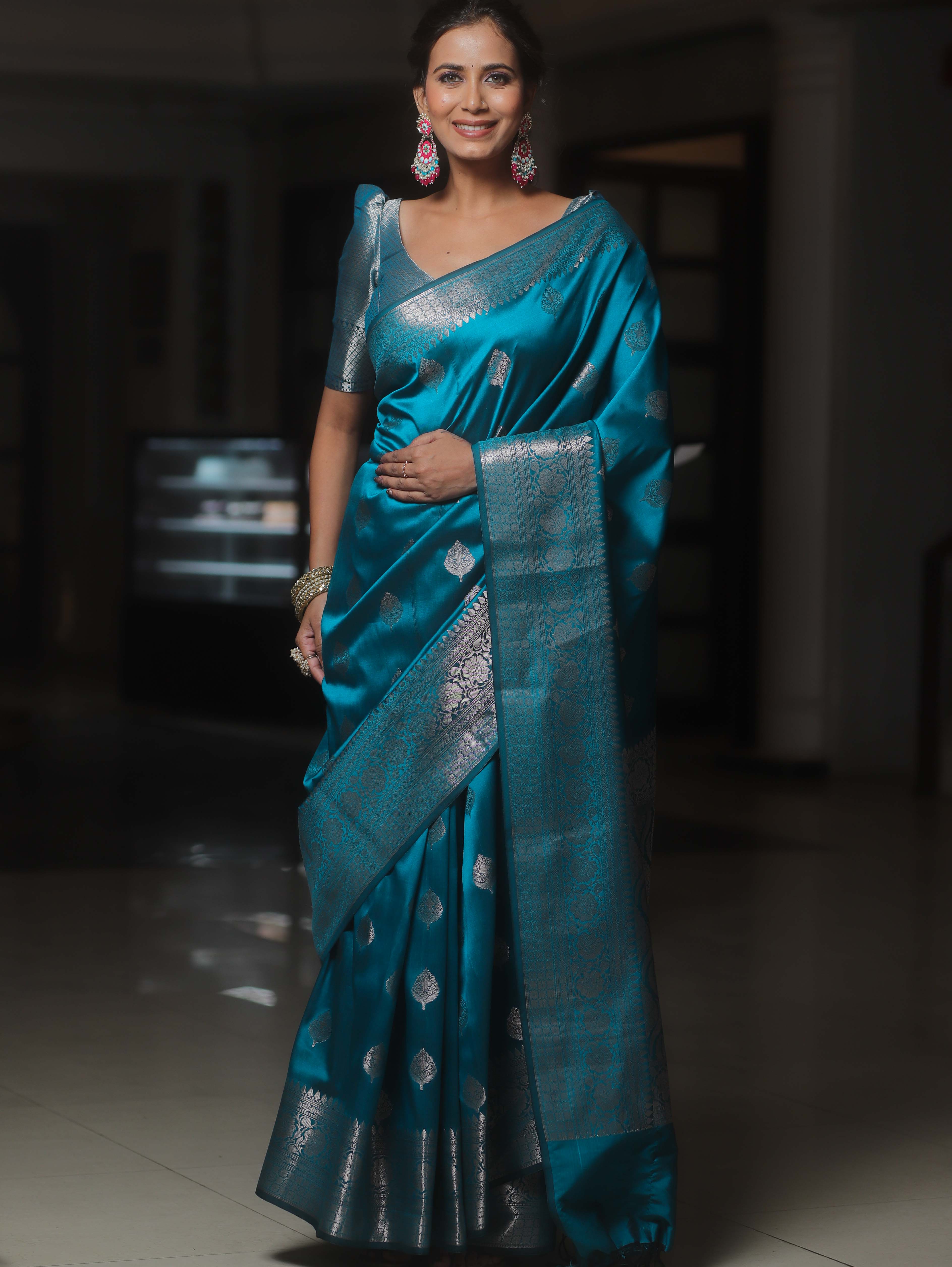 Banarasee Handwoven Semi Silk Saree With Zari Buti Design-Cobalt Blue