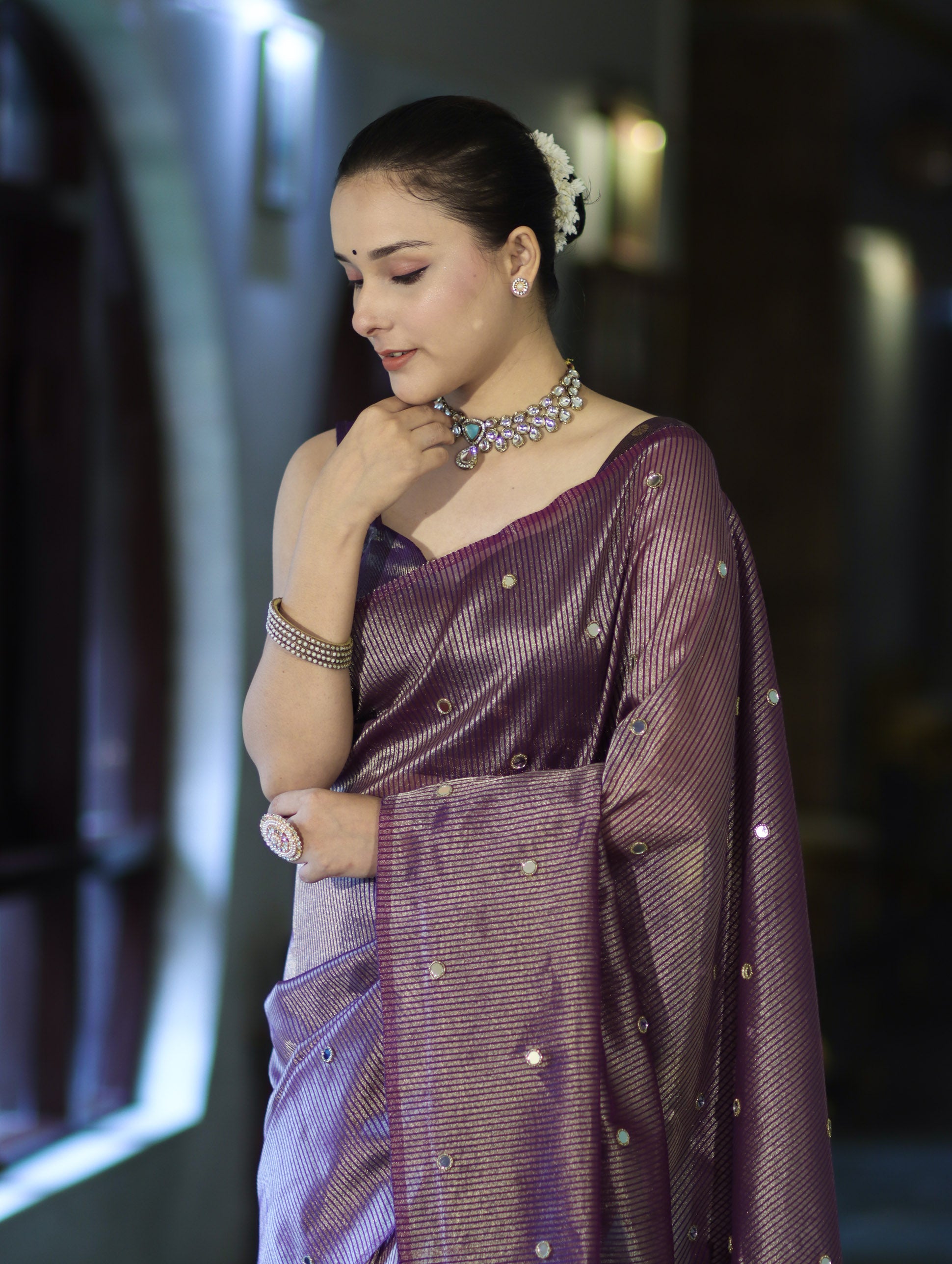 Banarasee Soft Tissue Saree With Hand Embroidered Mirror Work & Zari Stripes Design-Violet