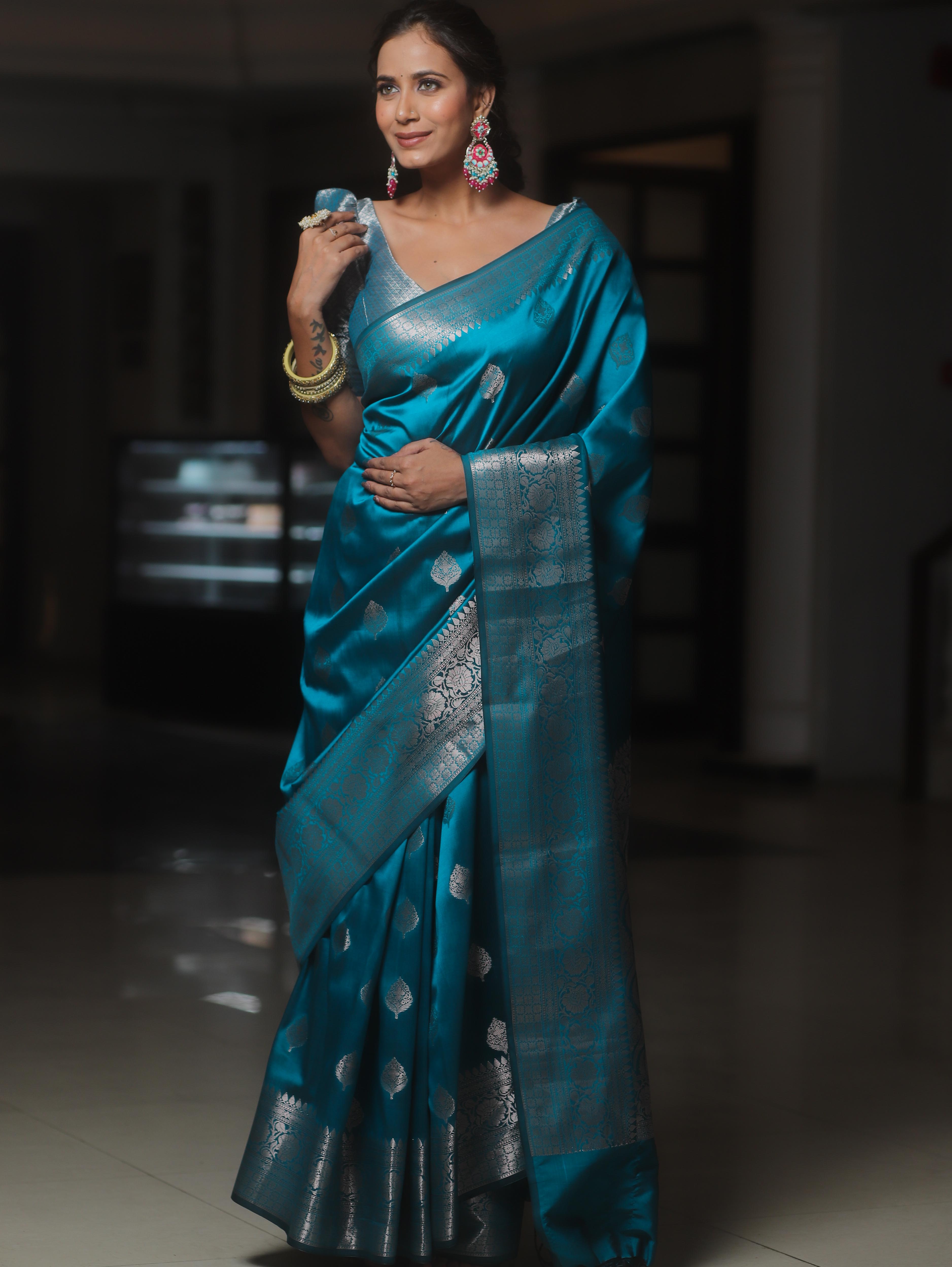 Banarasee Handwoven Semi Silk Saree With Zari Buti Design-Cobalt Blue