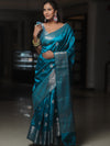 Banarasee Handwoven Semi Silk Saree With Zari Buti Design-Cobalt Blue