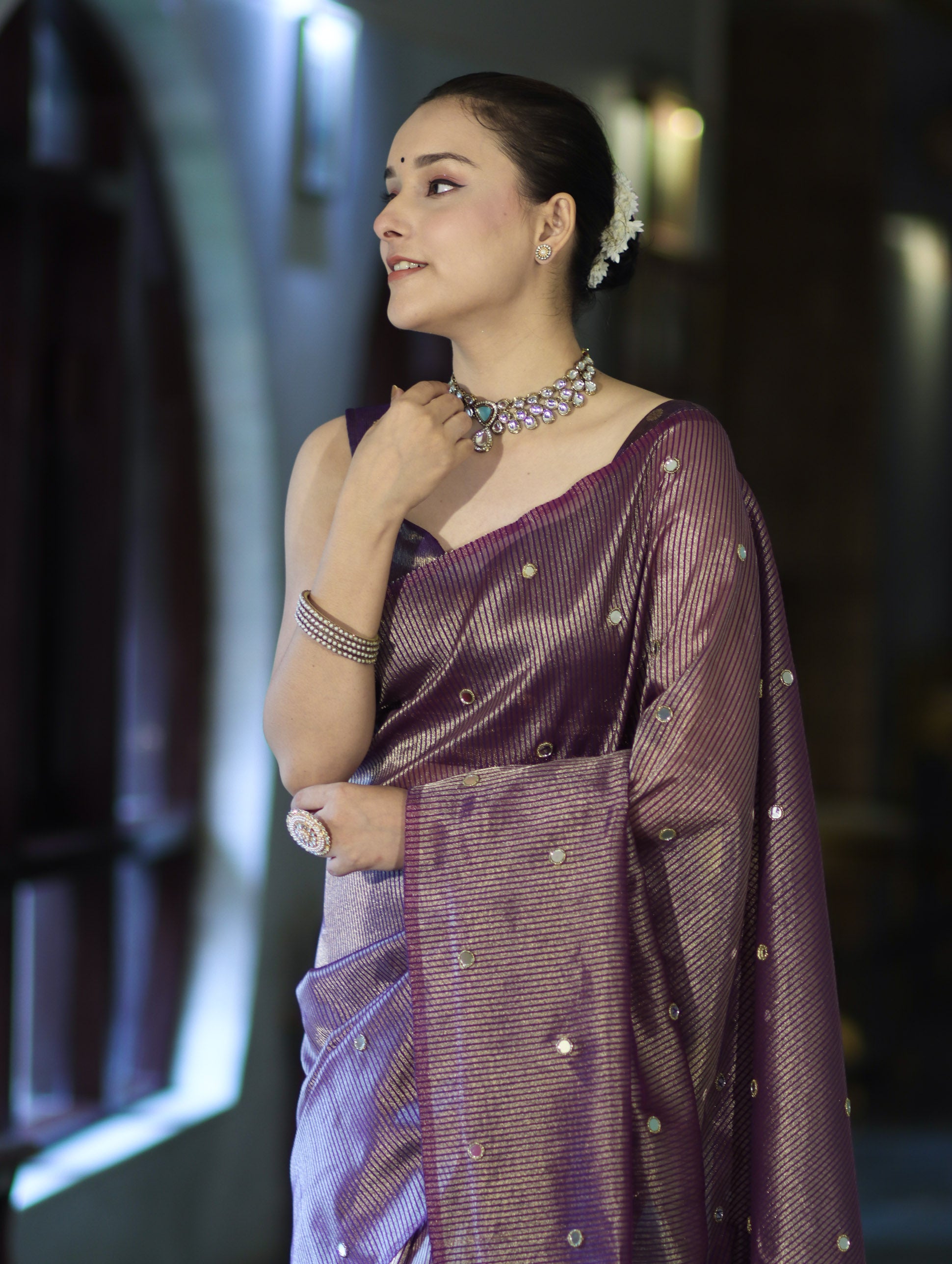 Banarasee Soft Tissue Saree With Hand Embroidered Mirror Work & Zari Stripes Design-Violet