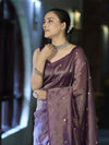 Banarasee Soft Tissue Saree With Hand Embroidered Mirror Work & Zari Stripes Design-Violet