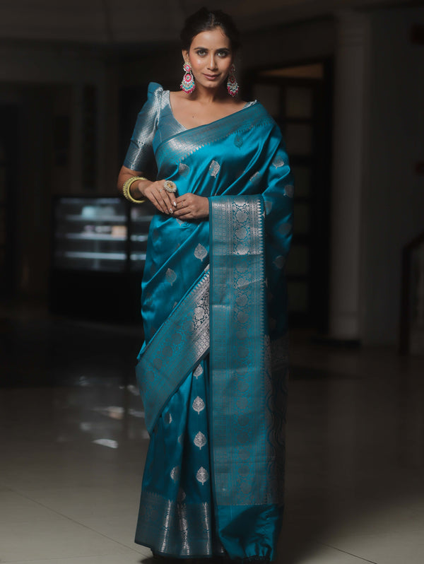 Banarasee Handwoven Semi Silk Saree With Zari Buti Design-Cobalt Blue