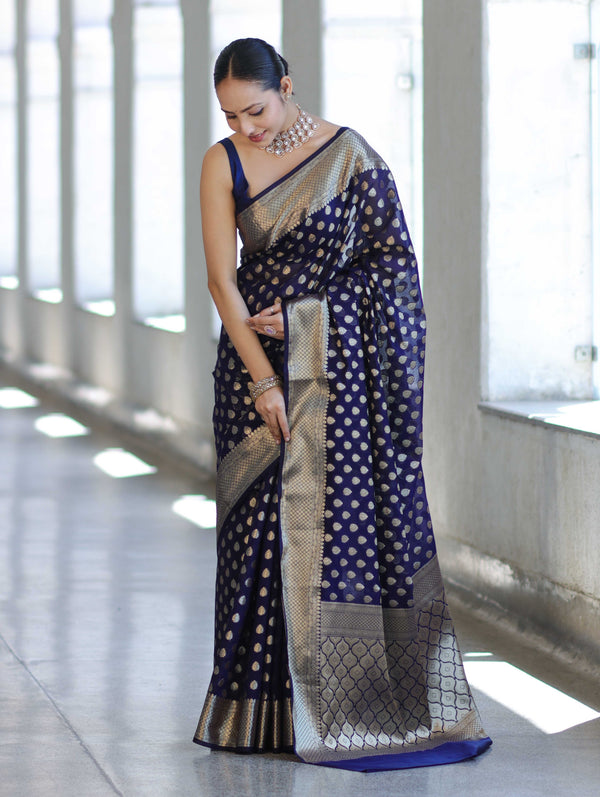 Banarasee Handwoven Georgette Saree With Zari Buta Design & Border-Deep Blue