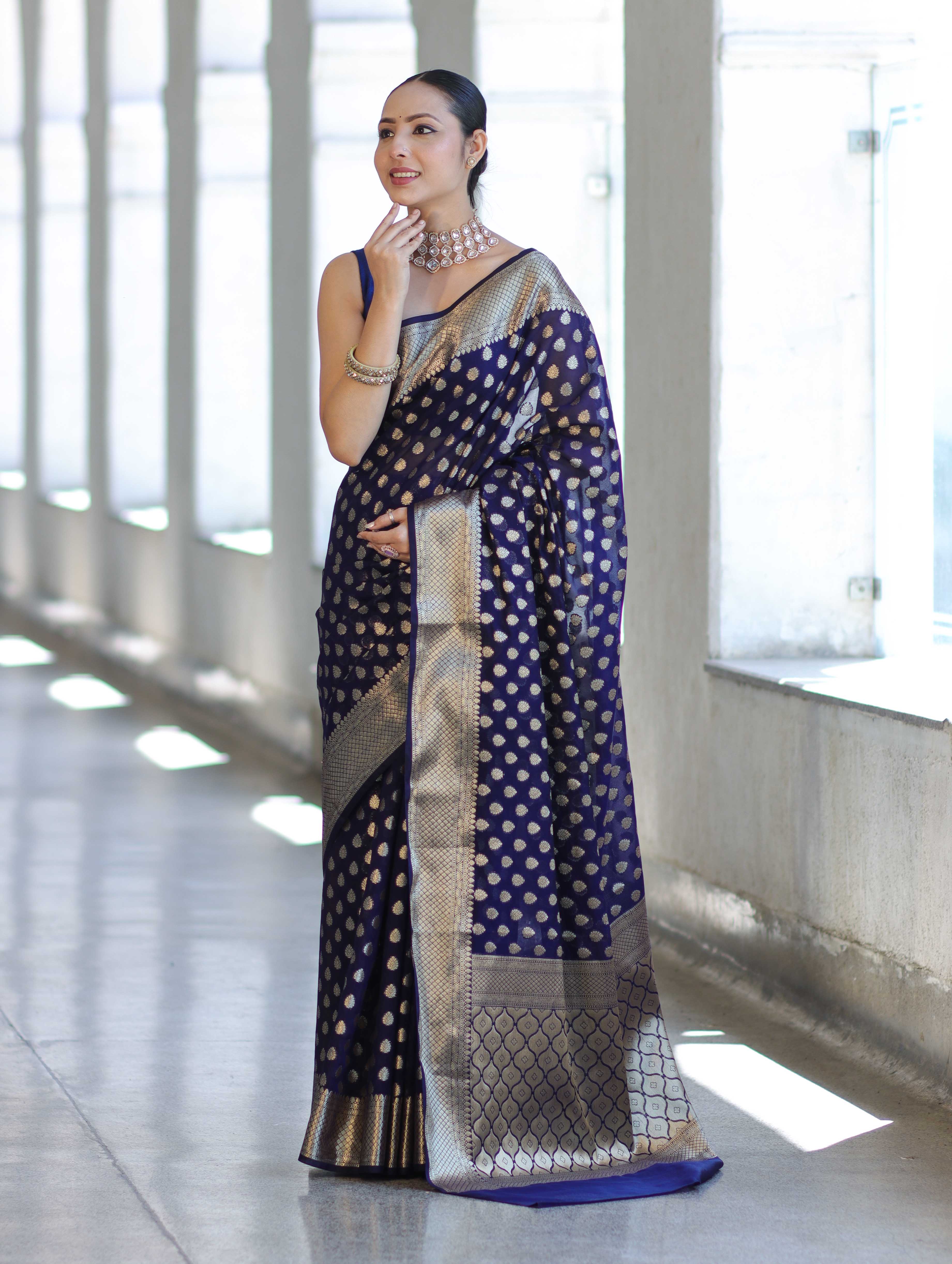 Banarasee Handwoven Georgette Saree With Zari Buta Design & Border-Deep Blue