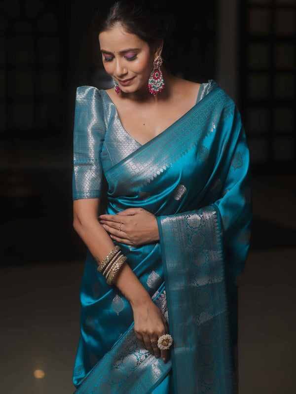 Banarasee Handwoven Semi Silk Saree With Zari Buti Design-Cobalt Blue