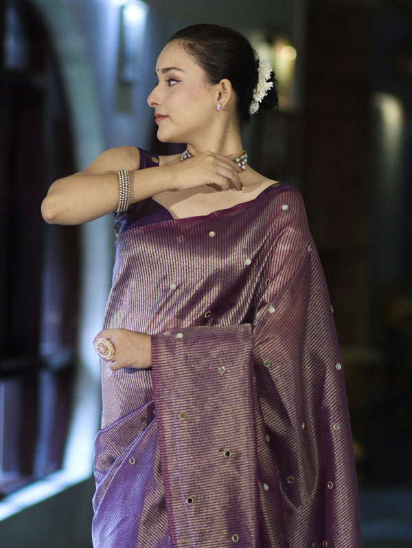 Banarasee Soft Tissue Saree With Hand Embroidered Mirror Work & Zari Stripes Design-Violet