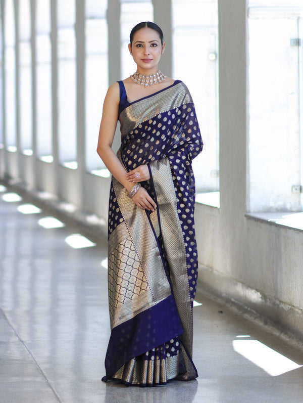 Banarasee Handwoven Georgette Saree With Zari Buta Design & Border-Deep Blue