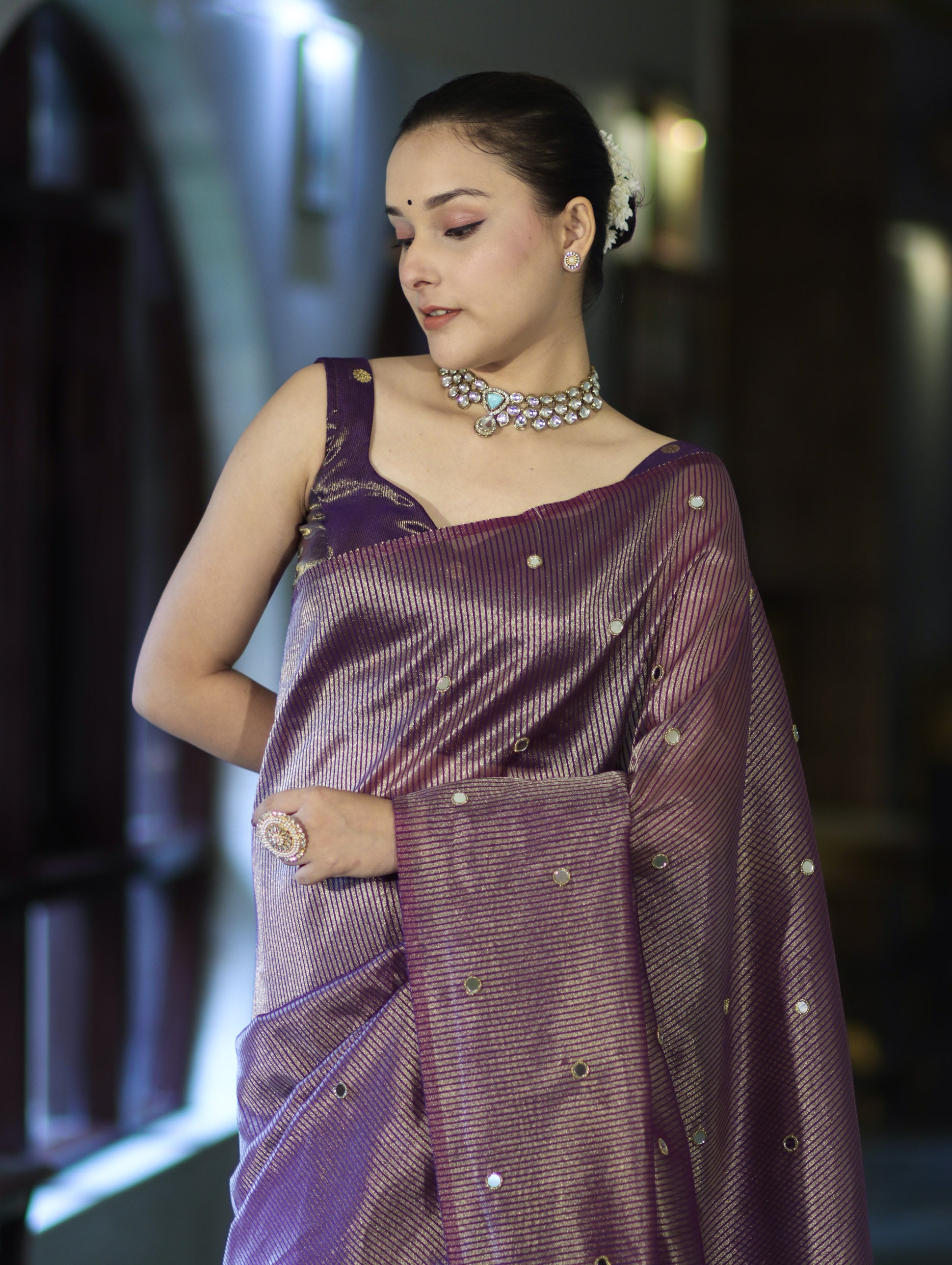 Banarasee Soft Tissue Saree With Hand Embroidered Mirror Work & Zari Stripes Design-Violet