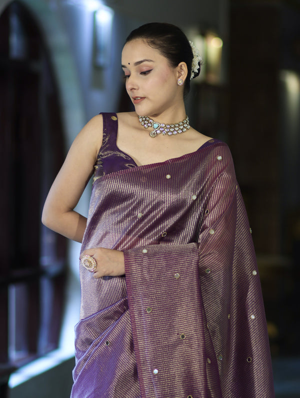 Banarasee Soft Tissue Saree With Hand Embroidered Mirror Work & Zari Stripes Design-Violet