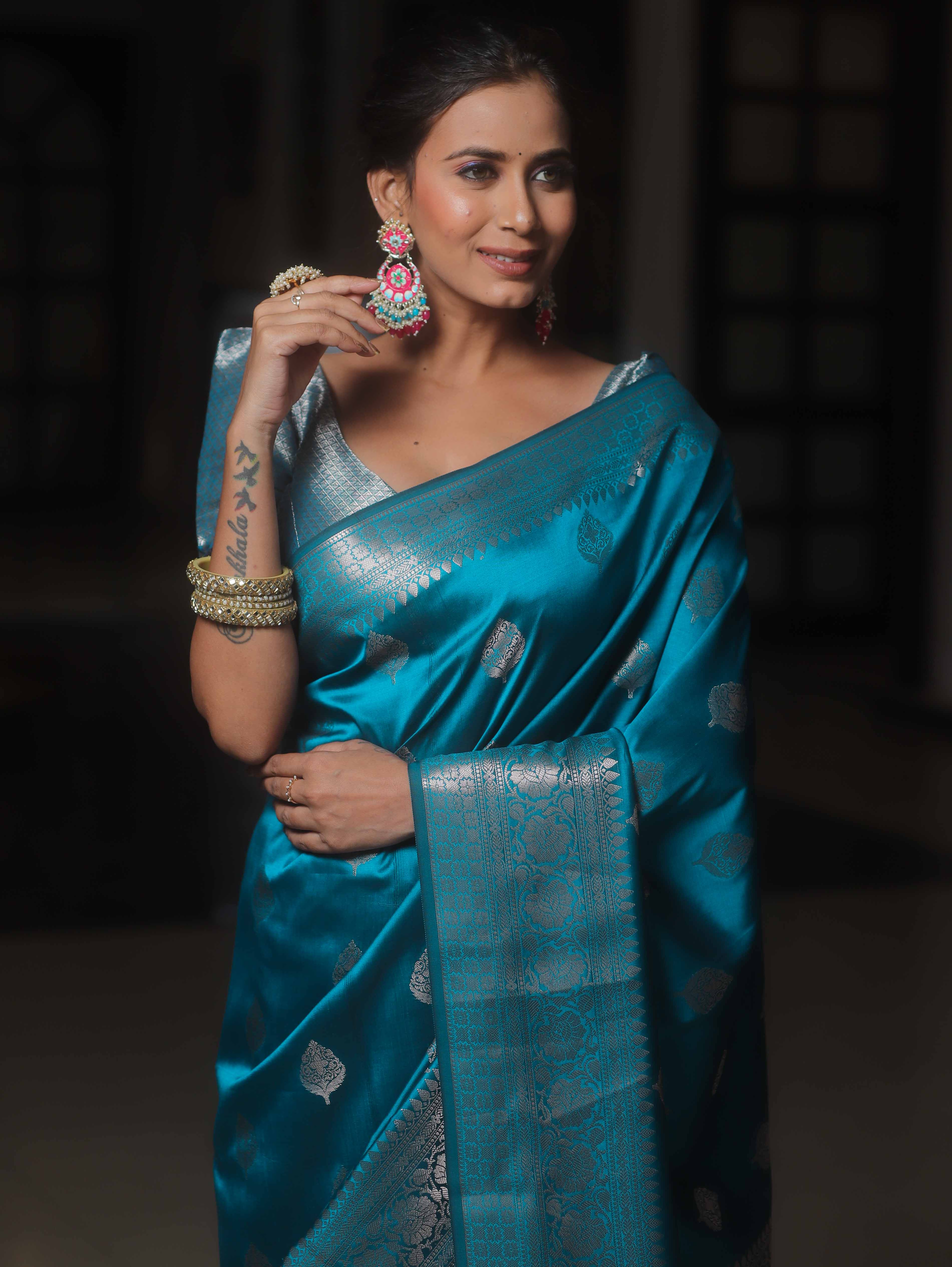 Banarasee Handwoven Semi Silk Saree With Zari Buti Design-Cobalt Blue