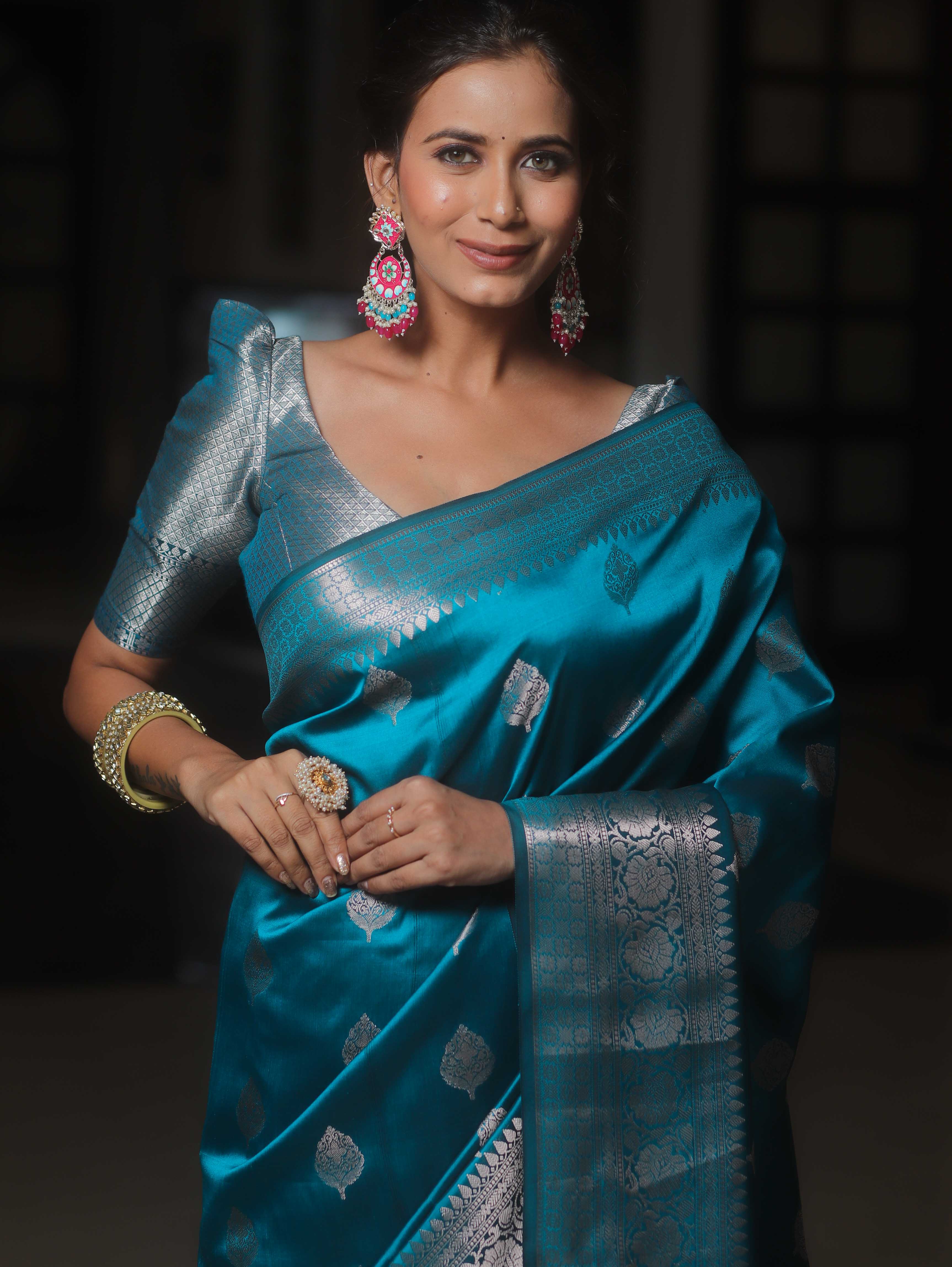 Banarasee Handwoven Semi Silk Saree With Zari Buti Design-Cobalt Blue