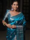 Banarasee Handwoven Semi Silk Saree With Zari Buti Design-Cobalt Blue