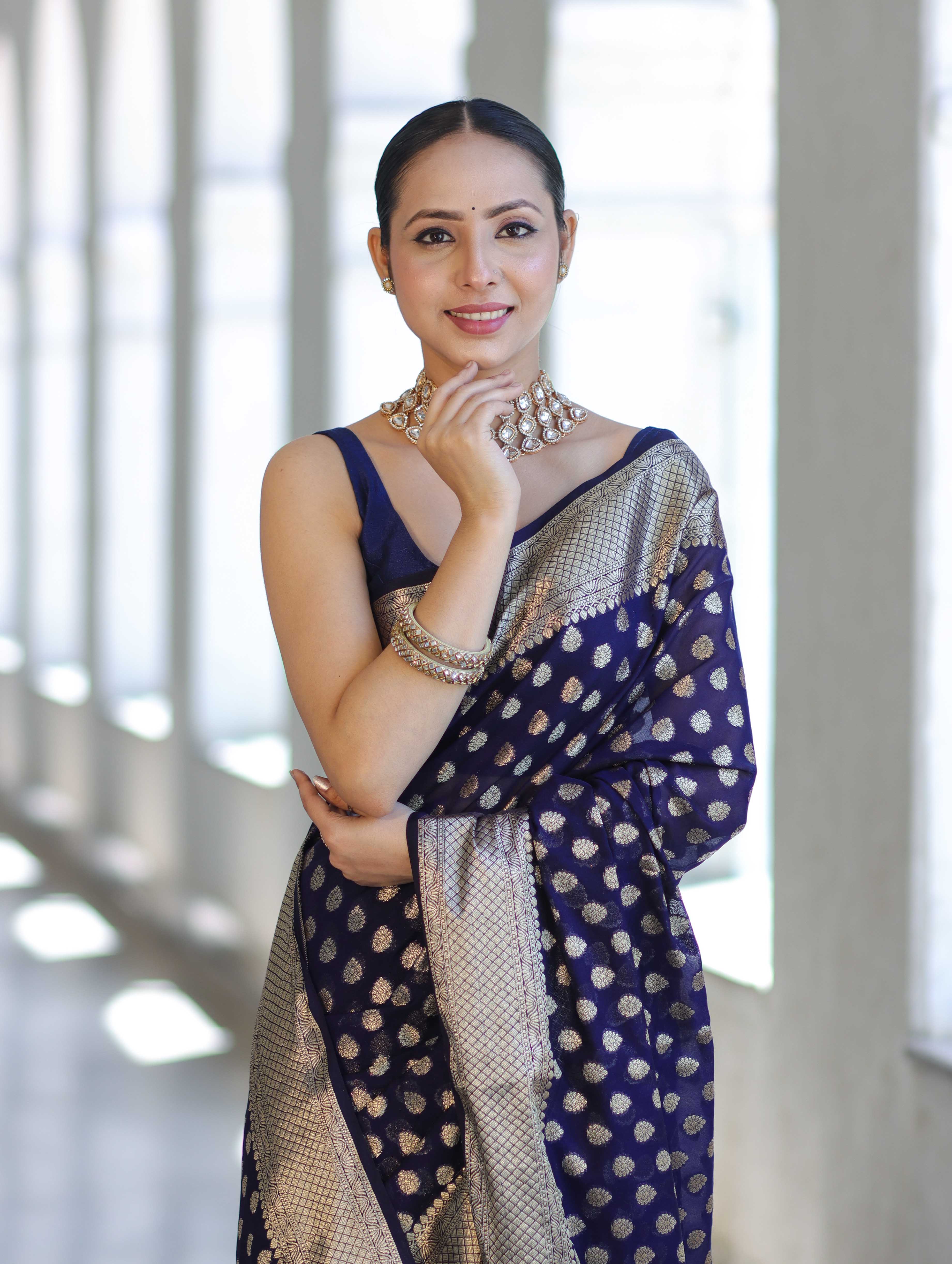 Banarasee Handwoven Georgette Saree With Zari Buta Design & Border-Deep Blue