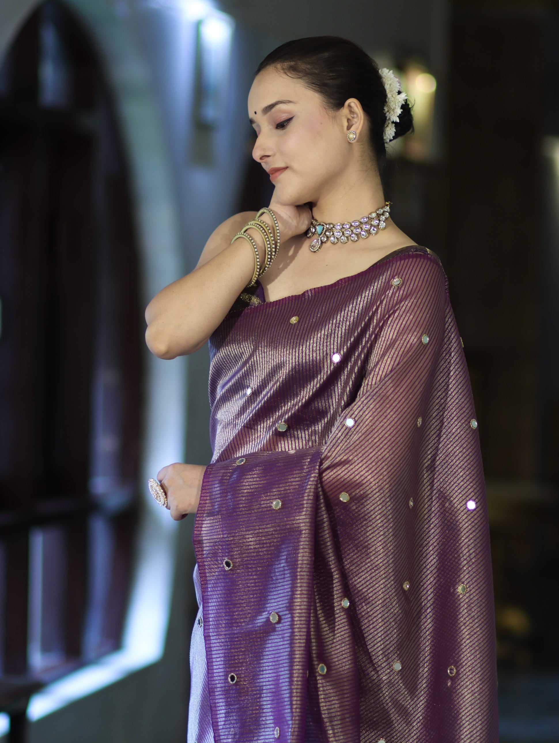 Banarasee Soft Tissue Saree With Hand Embroidered Mirror Work & Zari Stripes Design-Violet
