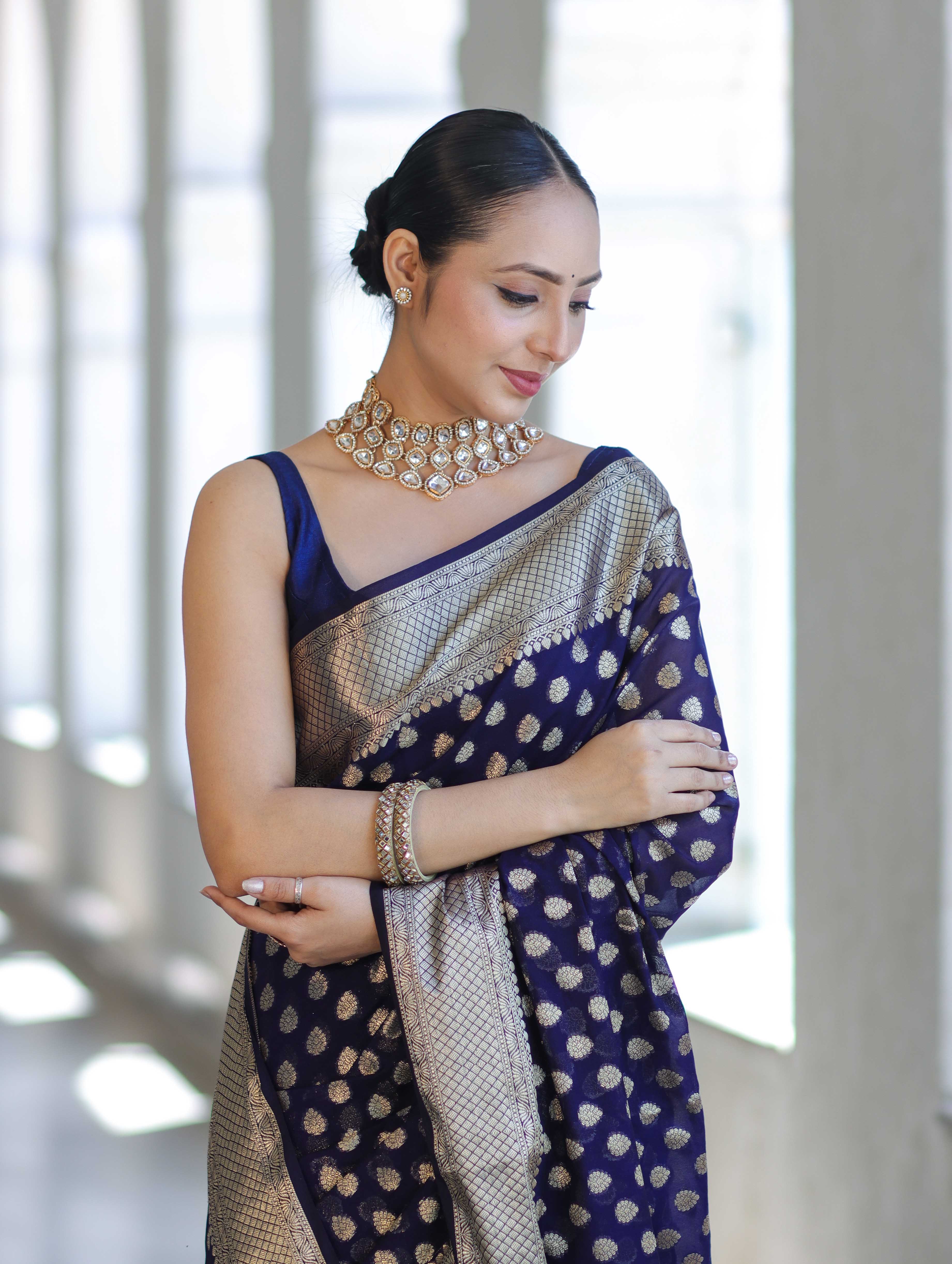 Banarasee Handwoven Georgette Saree With Zari Buta Design & Border-Deep Blue