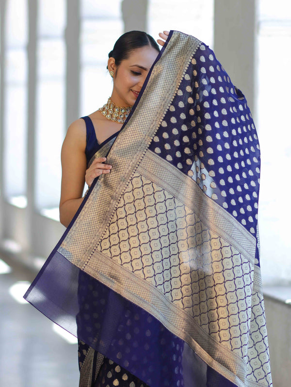 Banarasee Handwoven Georgette Saree With Zari Buta Design & Border-Deep Blue
