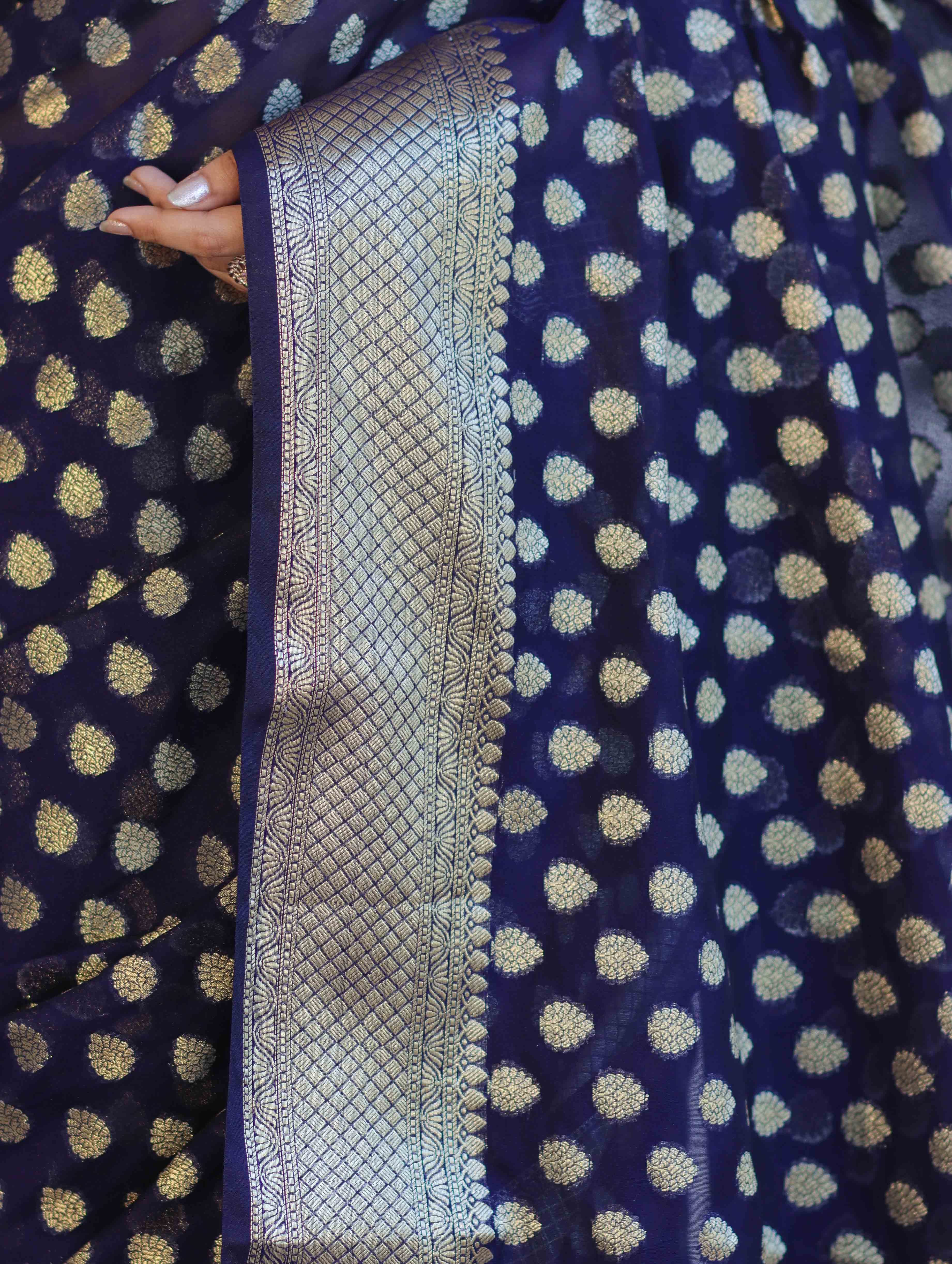 Banarasee Handwoven Georgette Saree With Zari Buta Design & Border-Deep Blue