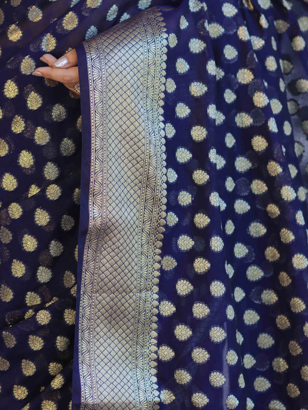 Banarasee Handwoven Georgette Saree With Zari Buta Design & Border-Deep Blue